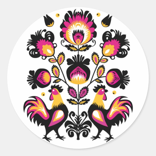 Folklore with black, pink and yellow roosters runder aufkleber (Vorderseite)