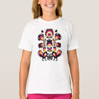 Folklore with black, pink and yellow roosters