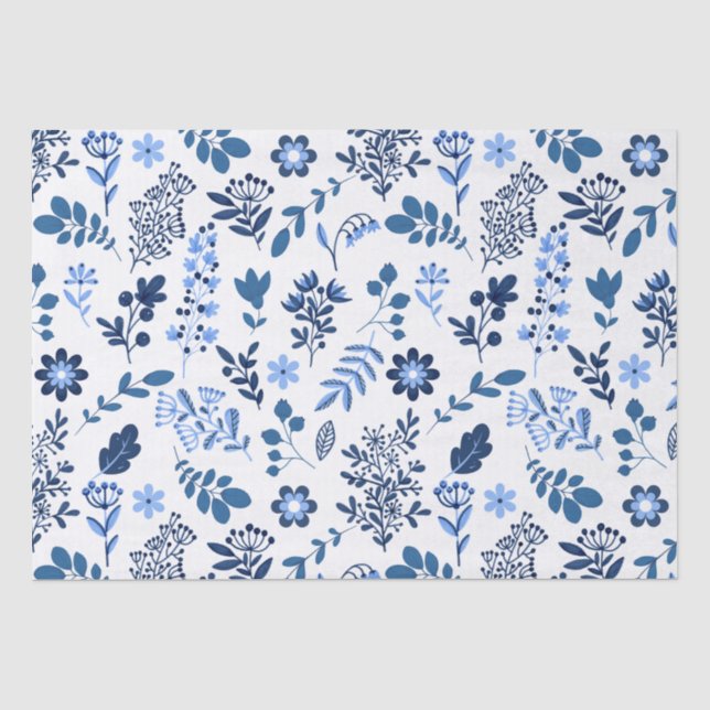 Folklorekunst Botanisches Blumenblatt Blau Weiße B Seidenpapier (Vorderseite)