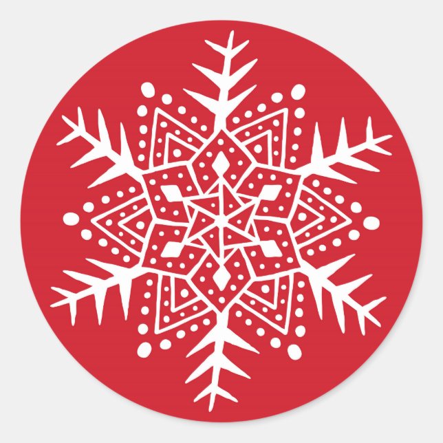 Folklorekunst Schneeflocken Rote Weihnachtsaufkleb Runder Aufkleber (Vorderseite)