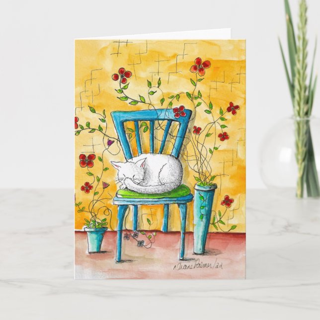 Folkloreprint, White Cat Sleeping, Cat Lover Art Karte (Vorderseite)