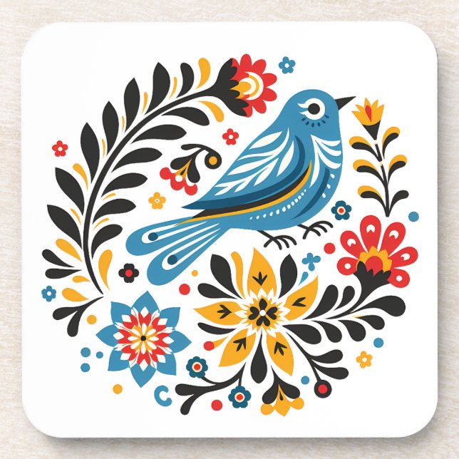 Folksy Bluebird und Wildblumen Getränkeuntersetzer (Vorderseite)