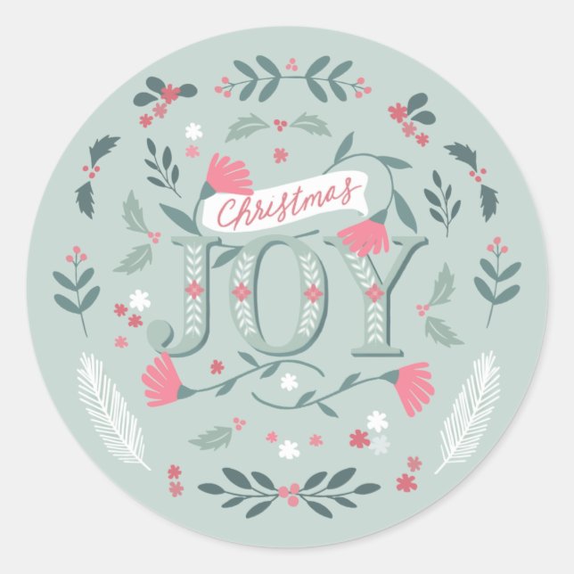 Folksy Christmas Joy Floral & Berries Runder Aufkleber (Vorderseite)