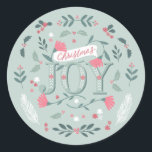 Folksy Christmas Joy Floral & Berries Runder Aufkleber<br><div class="desc">Illustriert Joy Design</div>