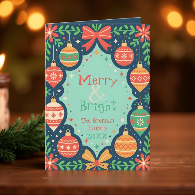 Folksy Retro Ornamente Merry & Bright Holiday Karte (Von Creator hochgeladen)