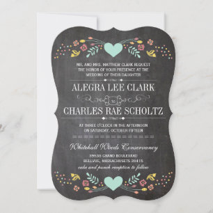 Folksy Rustic Floral Garland Chalkboard Wedding Einladung
