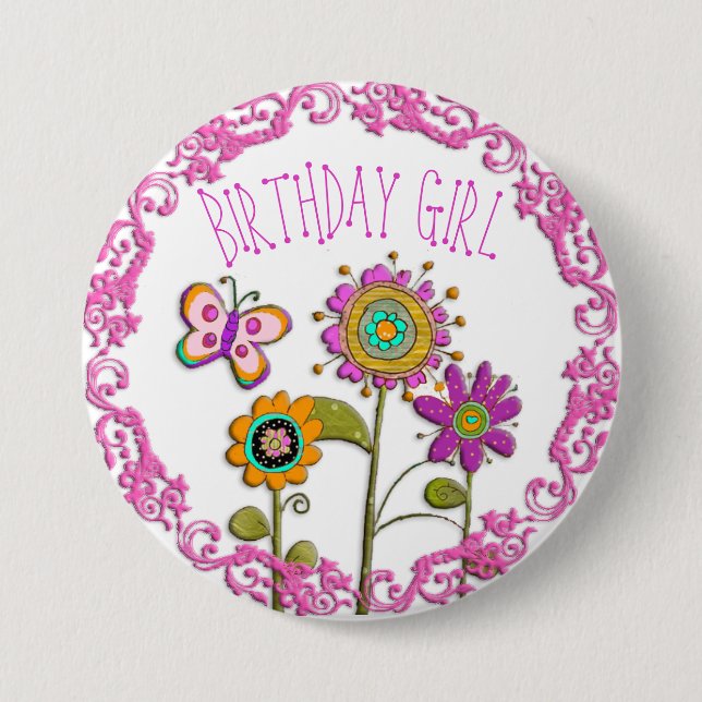 Folksy Whimsical Floral Birthday Girl Button (Vorderseite)
