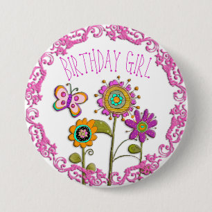 Folksy Whimsical Floral Birthday Girl Button