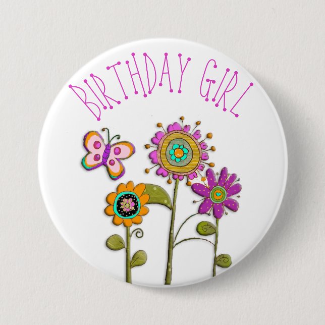 Folksy Whimsical Floral Birthday Girl Button (Vorderseite)