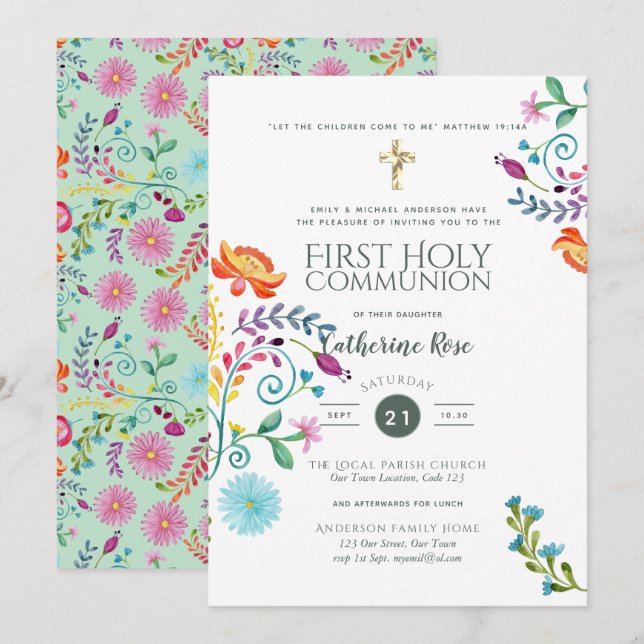 Folksy Wildblume Heilige Kommune Einladung Wasserf (Vorne/Hinten)
