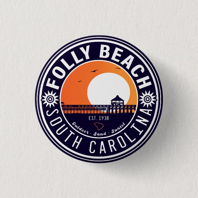 Folly Beach SC Souvenirs Retro Sunset Pier 60er Button (Vorderseite)