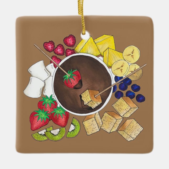 Fondue Fruit Cake Berries Marshmallow Dessert Keramikornament (Vorderseite)