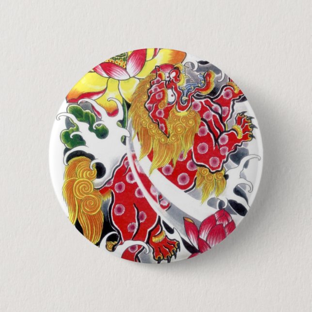 Foo Dog & Lotus Tattoo Design Button (Vorderseite)