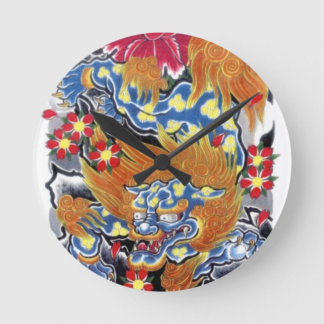 Foo Dog & Sakura Runde Wanduhr (Vorderseite)