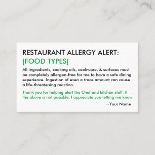 Food Allergy Restaurant & ICE Card Telefonnummerkarte