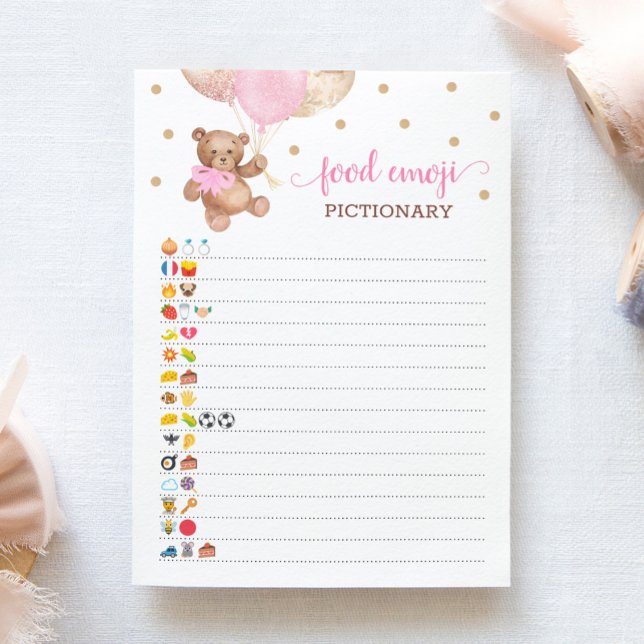 Food Emoji Pictionary game Pink Teddy Bear Card Einladung (Von Creator hochgeladen)