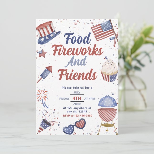 Food Friend and Fireworks 4. Juli GRILLEN Einladung (Stehend Vorderseite)