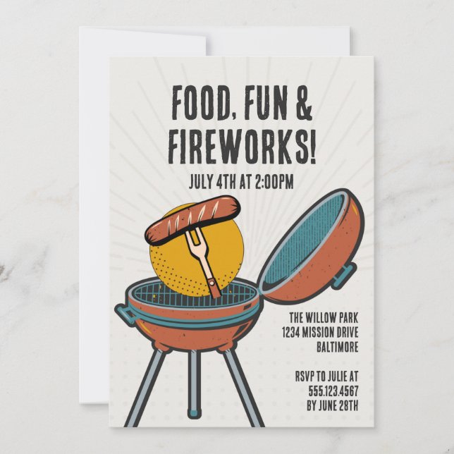 Food Fun Fireworks Barbecue 4. Juli GRILLEN Party Einladung (Vorderseite)
