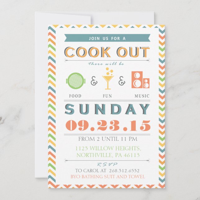 Food, Fun und Music Barbeque (GRILLEN) Cookout Ein Einladung (Vorderseite)