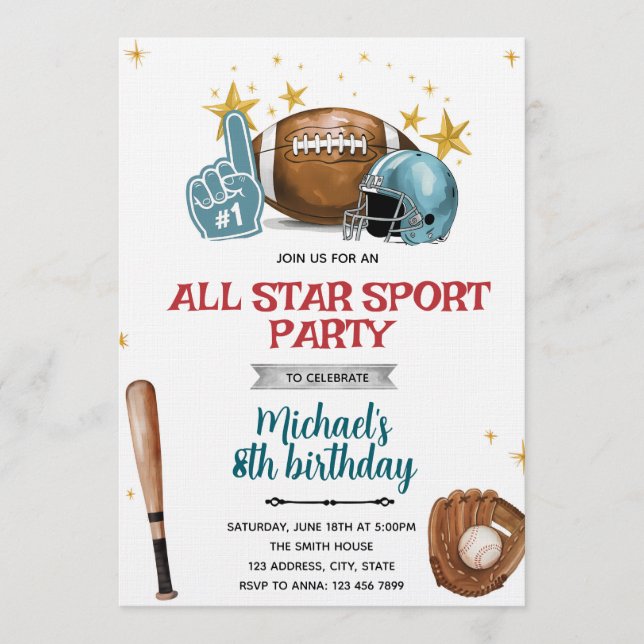 Football and baseball party Invitation Einladung (Vorderseite)