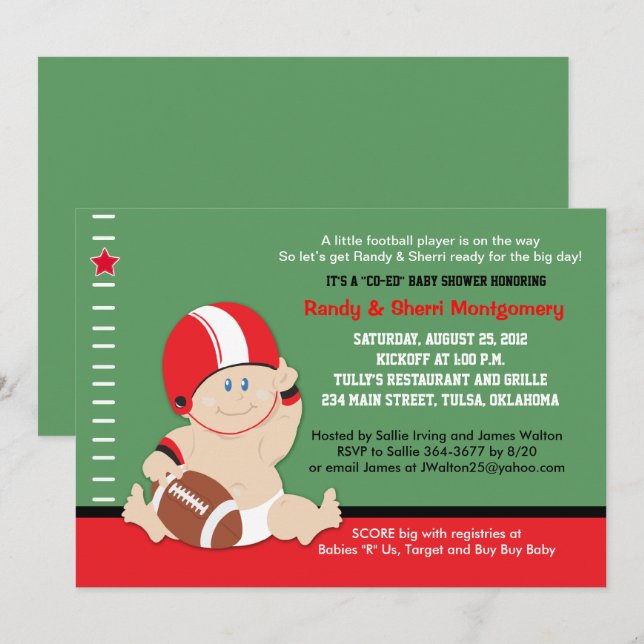 Football Baby (rot/schwarz) Kinderdusche Einladung (Vorne/Hinten)
