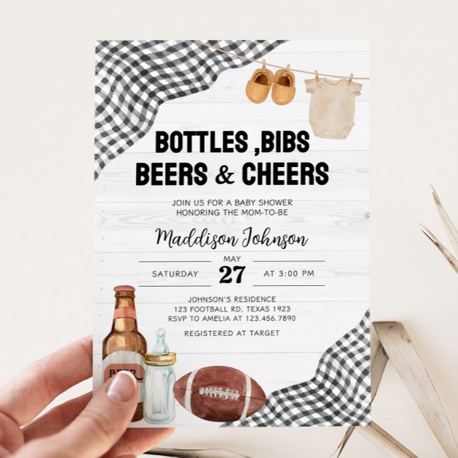 Football Baby Shower Einladung (Bottles, Bibs, Beers & Cheers Baby Shower Invitation)