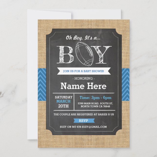 Football Blue Boy Baby shower Invitation de rugby (Devant)