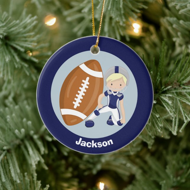 Football Boy Personalisiert Blonde Kinder Weihnach Keramik Ornament (Baum)