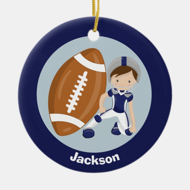 Football Boy Personalized Blue Kids Christmas Keramik Ornament (Vorne)