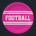 FOOTBALL Bright Athletic Pink White Racing Streife Pappteller<br><div class="desc">Dieses sportliche Design zeichnet sich durch fett athletischen FOOTBALL-Text in breiten,  zweischneidigen,  weißen Rennstreifen vor hellem rosa Hintergrund aus.</div>