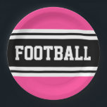 FOOTBALL Bright Pink Schwarz-weiß Racing Streifen Pappteller<br><div class="desc">Dieses sportliche,  sportliche Design zeichnet sich durch feinen FOOTBALL-Text in einem farblich hervorgehobenen breiten schwarzen Streifen mit doppelweißen Rennstreifen vor hellem rosa Hintergrund aus. Der Text in diesem Design kann personalisiert sein.</div>