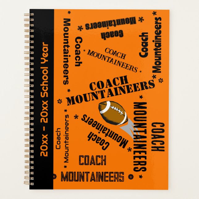 Football Coach Team Personalisiert Orange und Blac Planer (Vorderseite)