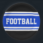 FOOTBALL Fett Hellblau Schwarz-weiße Streifen Pappteller<br><div class="desc">Dieses sportliche,  sportliche Design zeichnet sich durch feinen FOOTBALL-Text in einem markierten breiten,  hellblauen Streifen mit weißen Streifen vor schwarzem Hintergrund aus. Der Text kann personalisiert sein.</div>