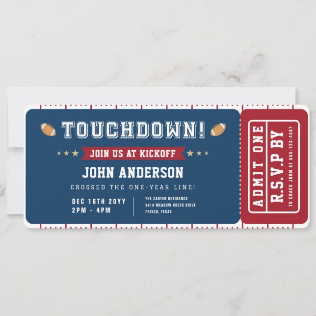 Football First Year Touchdown Birthday Ticket Einladung (Vorderseite)