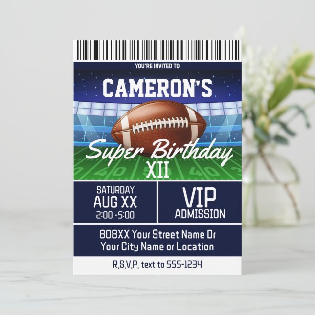 Football Game Ticket Dark Blue Party Einladung (Stehend Vorderseite)