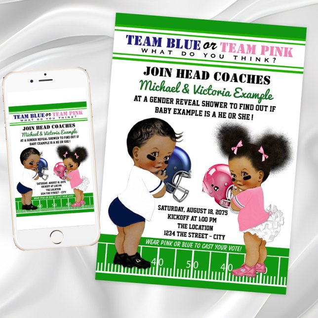 Football Gender offenbaren ethnische Babydusche Einladung (Adorable football gender reveal invitation. Instant download and printed invitations available.)