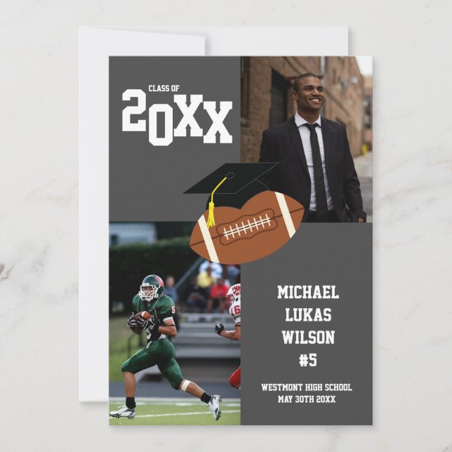 Football Graduation Sports Grey Faire-part (Devant)
