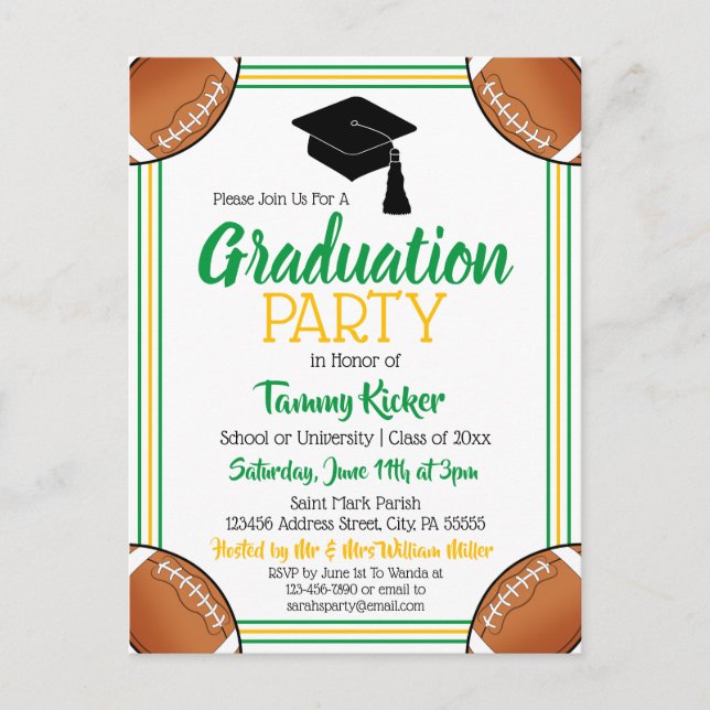Football Green & Gold Graduation Party Einladungspostkarte (Vorderseite)