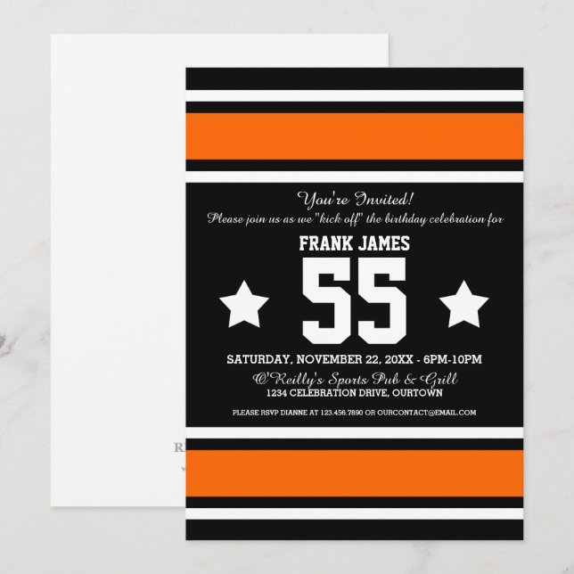 Football Jersey Black|Orange Party Einladung (Vorne/Hinten)