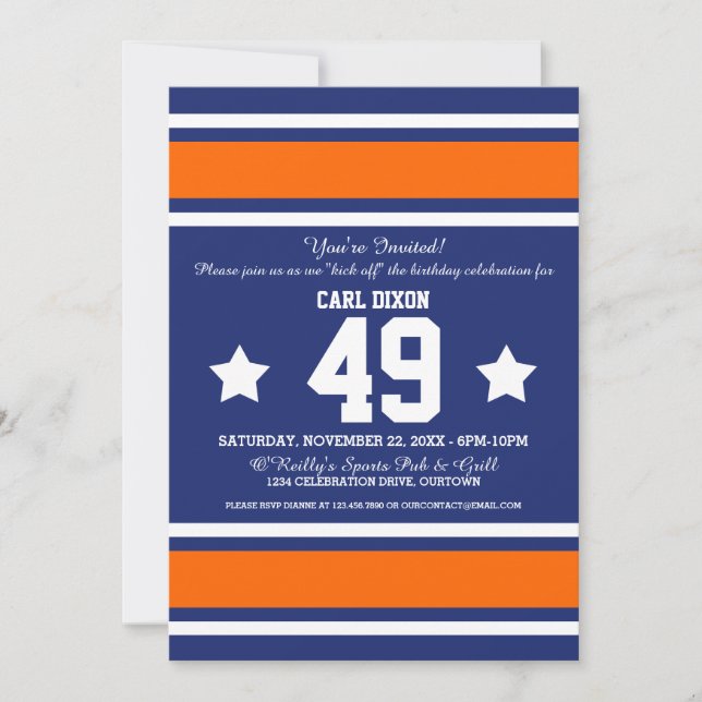 Football Jersey Blue|Orange Party Einladungen (Vorderseite)