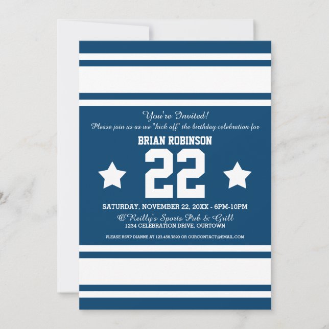 Football Jersey Blue|White Party Einladungen (Vorderseite)