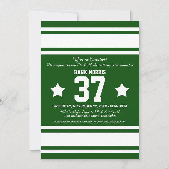 Football Jersey Green|White Party Einladungen (Vorderseite)