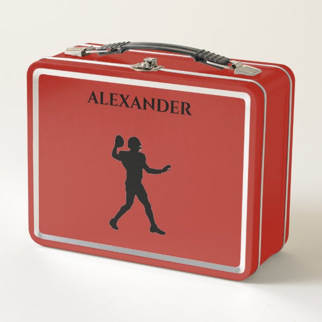 Football Metal Lunchbox in Rot/individuelle Name. (Vorderseite)
