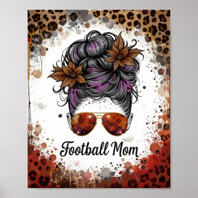 Football Mom Leopard Messy Bun Purple Floral Poster (Vorne)