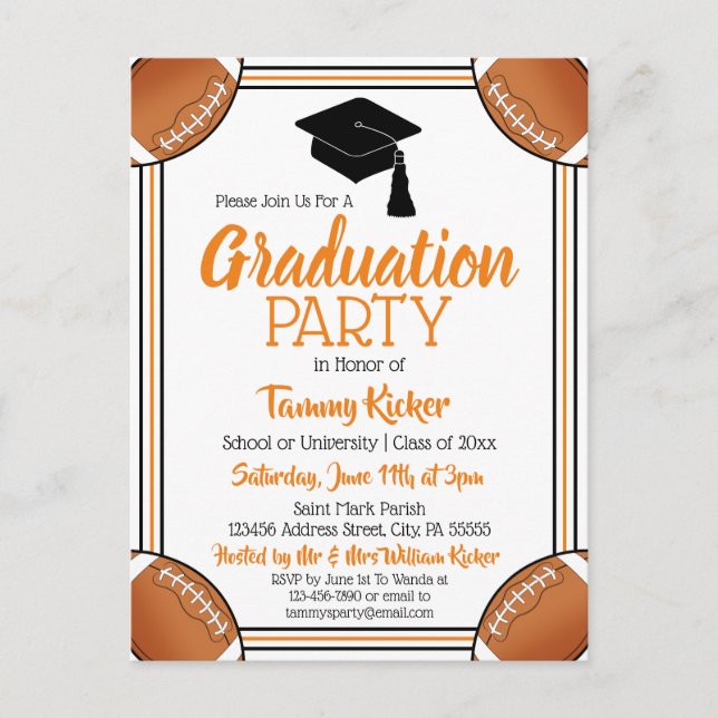 Football Orange & Black Graduation Party Einladungspostkarte (Vorderseite)