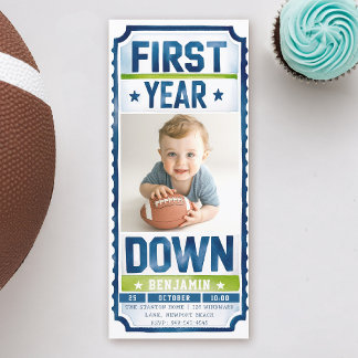 Football Ticket Boy Foto Blue Green 1. Geburtstag Einladung