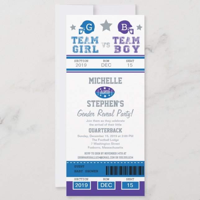 Football Ticket Gender Reveal Baby Shower Einladung (Vorderseite)