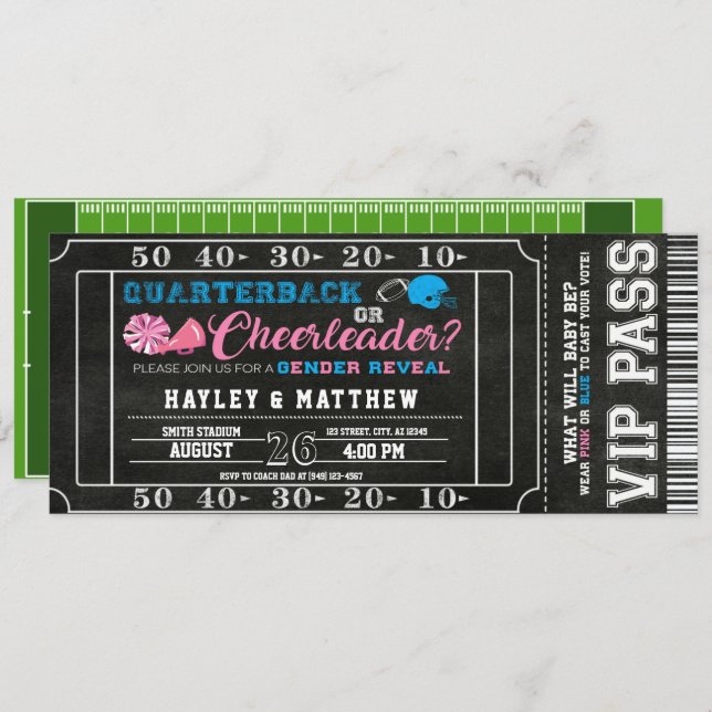 Football Ticket Quarterback oder Cheerleader Baby Einladung (Vorne/Hinten)