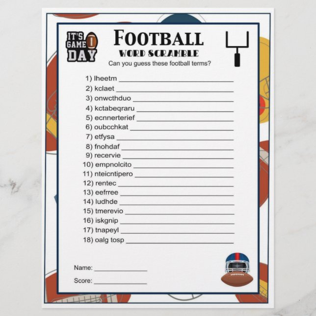 Football Word Scramble Football Party Game for Kid Briefbogen (Vorderseite)