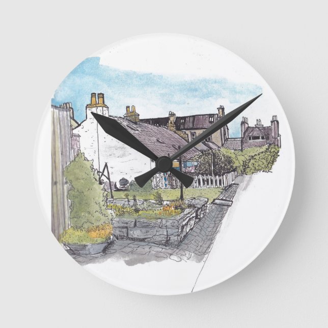 Footdee Aberdeen Fishing Village Wasserfarbe Runde Wanduhr (Vorderseite)
